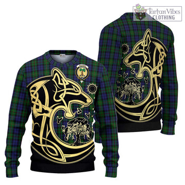 MacEwan Tartan Knitted Sweater with Family Crest Celtic Wolf Style