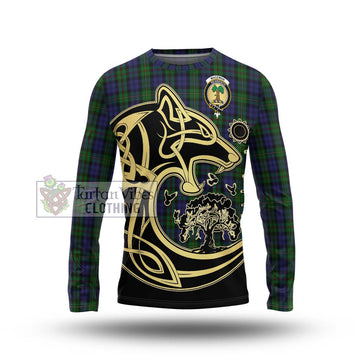 MacEwan Tartan Long Sleeve T-Shirt with Family Crest Celtic Wolf Style