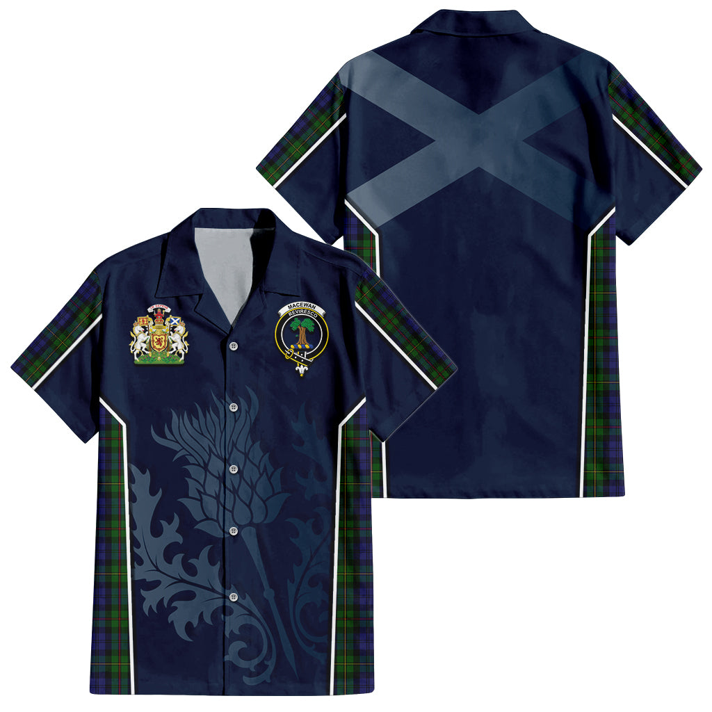 Tartan Vibes Clothing MacEwan Tartan Short Sleeve Button Up Shirt with Family Crest and Scottish Thistle Vibes Sport Style