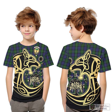 MacEwan Tartan Kid T-Shirt with Family Crest Celtic Wolf Style