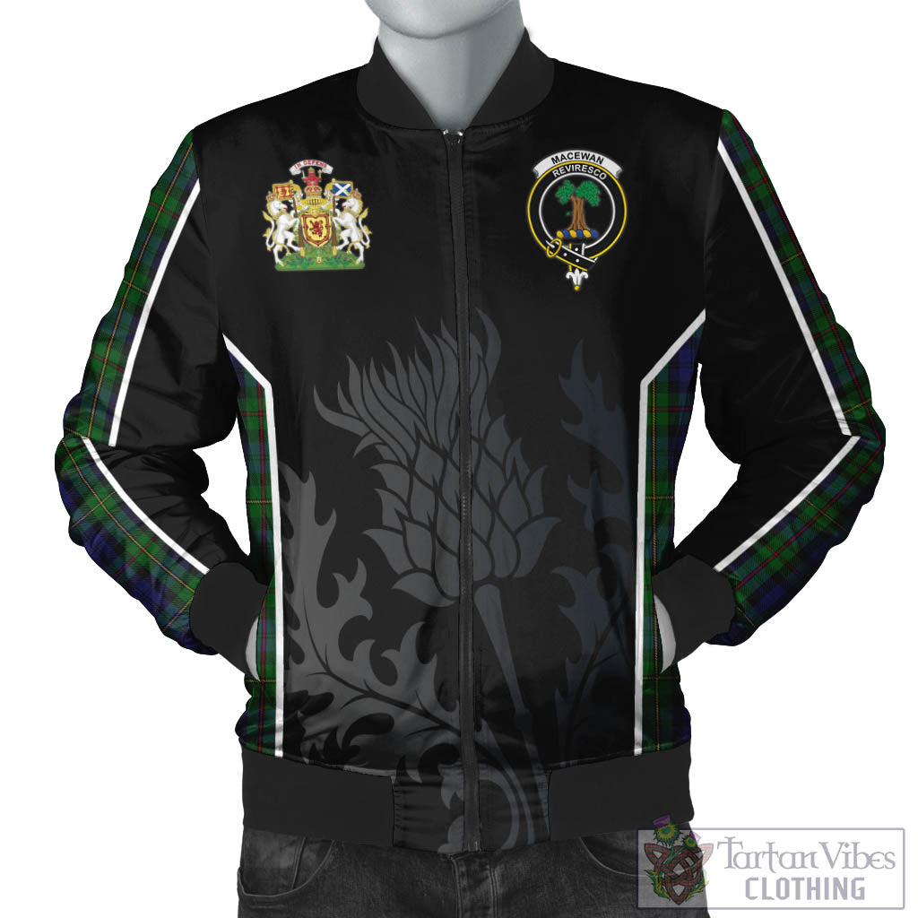 Tartan Vibes Clothing MacEwan Tartan Bomber Jacket with Family Crest and Scottish Thistle Vibes Sport Style