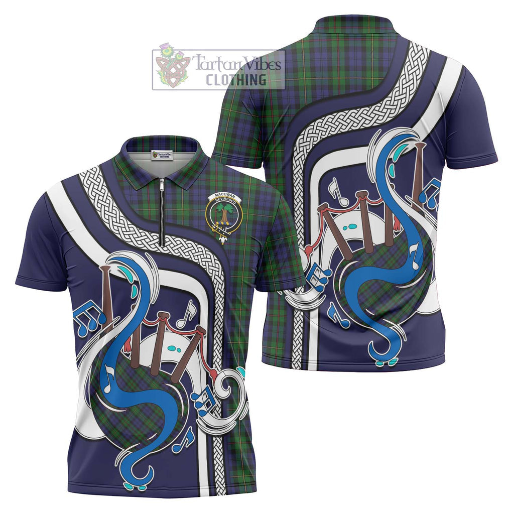 MacEwan (MacEwen) Tartan Zipper Polo Shirt with Epic Bagpipe Style Unisex - Tartanvibesclothing Shop