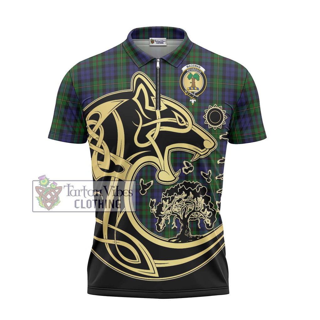 MacEwan (MacEwen) Tartan Zipper Polo Shirt with Family Crest Celtic Wolf Style - Tartanvibesclothing Shop