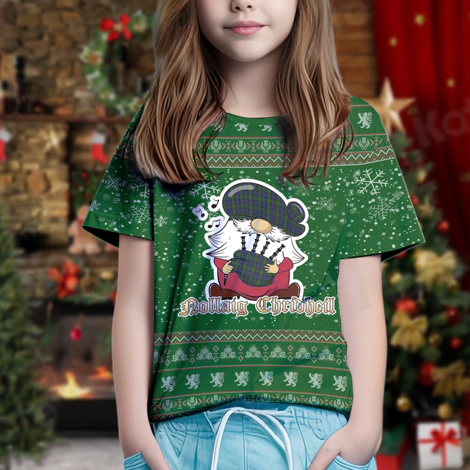 MacEwan Clan Christmas Family T-Shirt with Funny Gnome Playing Bagpipes Kid's Shirt Green - Tartanvibesclothing