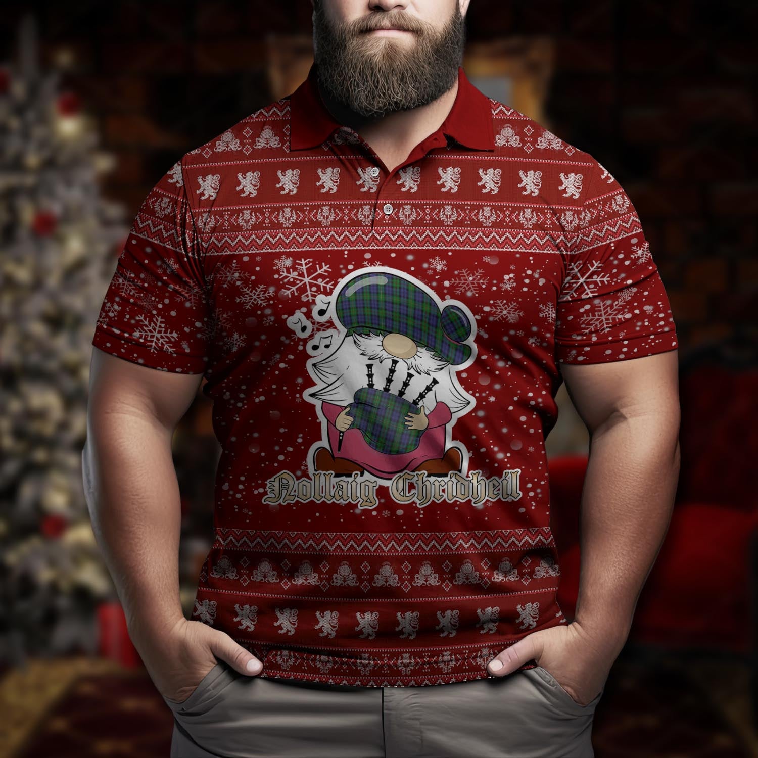 MacEwan Clan Christmas Family Polo Shirt with Funny Gnome Playing Bagpipes Men's Polo Shirt Red - Tartanvibesclothing