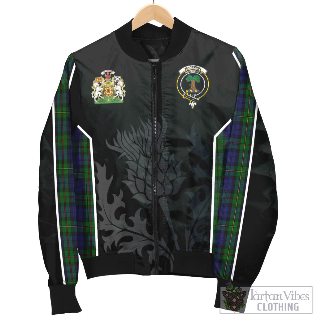 Tartan Vibes Clothing MacEwan Tartan Bomber Jacket with Family Crest and Scottish Thistle Vibes Sport Style