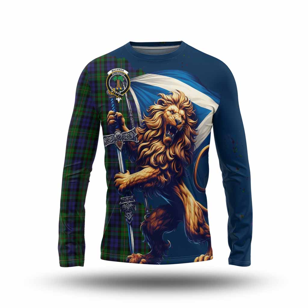 Tartan Vibes Clothing MacEwan (MacEwen) Tartan Family Crest Long Sleeve T-Shirt with Scottish Majestic Lion