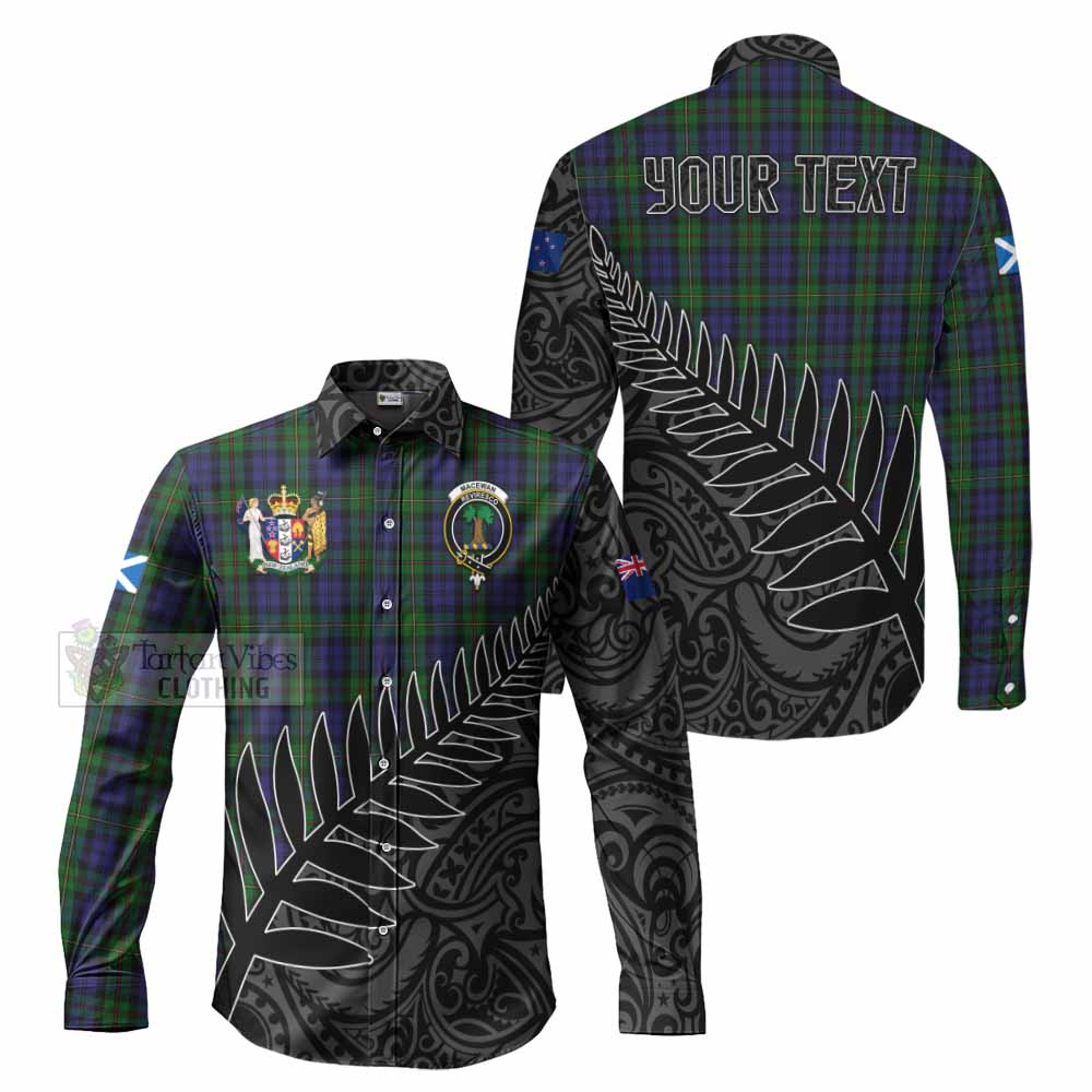 Tartan Vibes Clothing MacEwan (MacEwen) Crest Tartan Long Sleeve Button Shirt with New Zealand Silver Fern Half Style