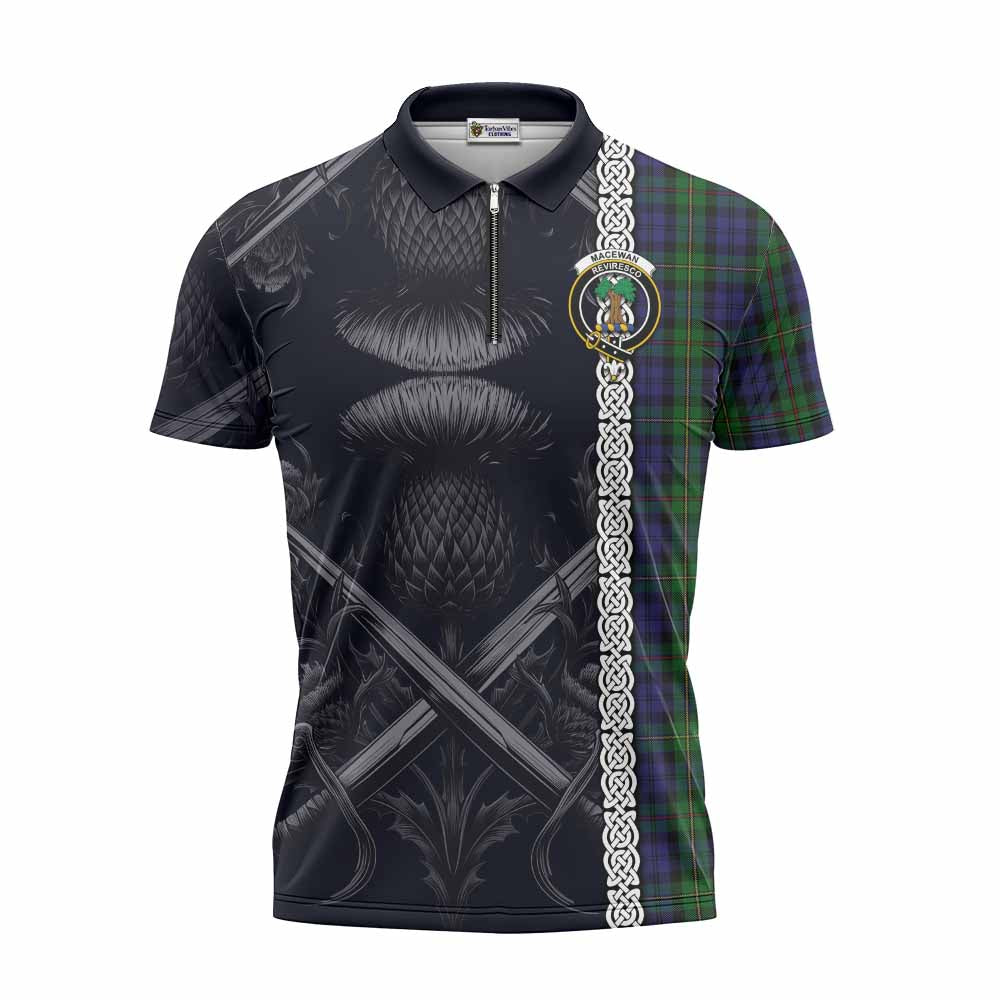 Tartan Vibes Clothing MacEwan (MacEwen) Tartan Zipper Polo Shirt with Family Crest Cross Sword Thistle Celtic Vibes