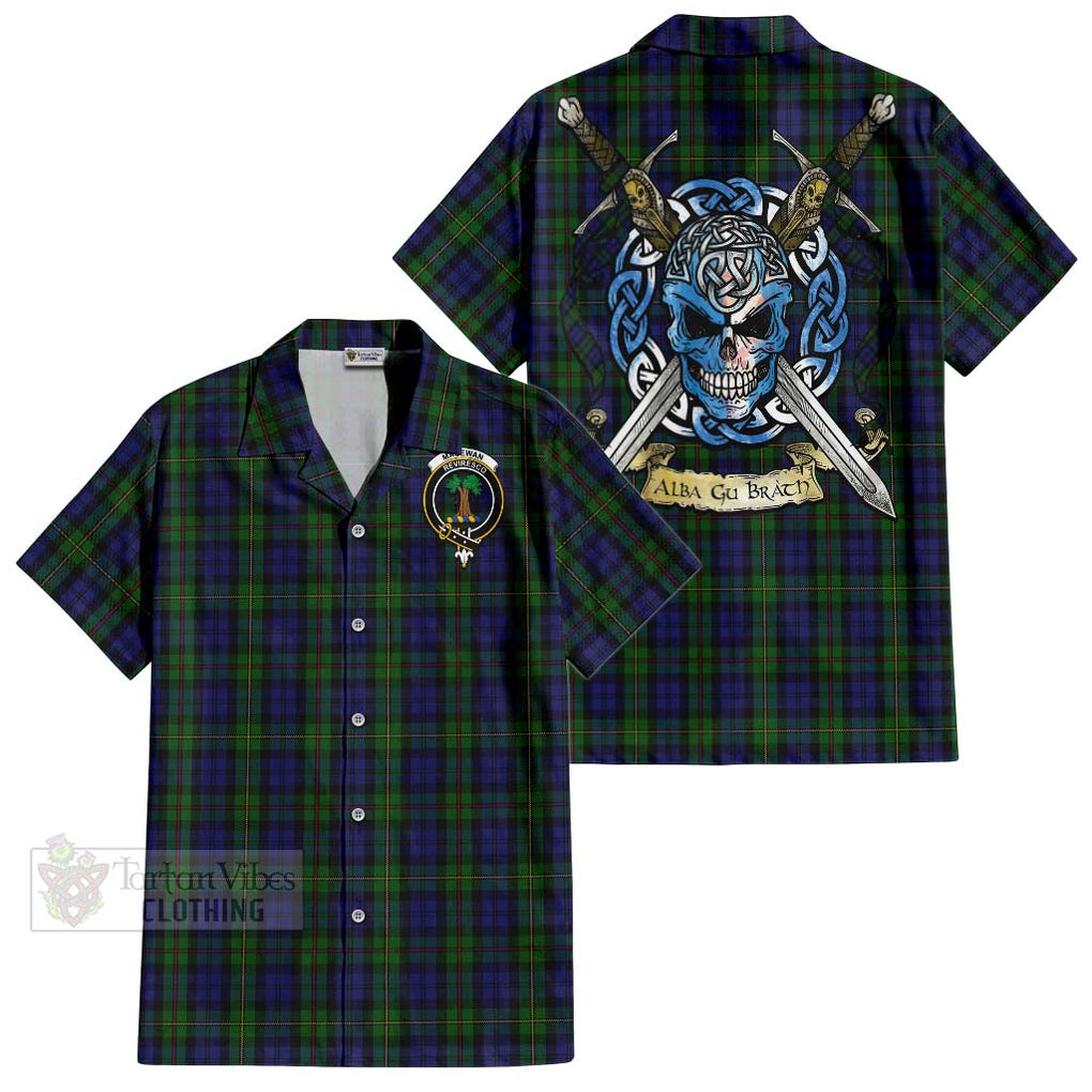 Tartan Vibes Clothing MacEwan (MacEwen) Tartan Short Sleeve Button Shirt with Family Crest Celtic Skull Style