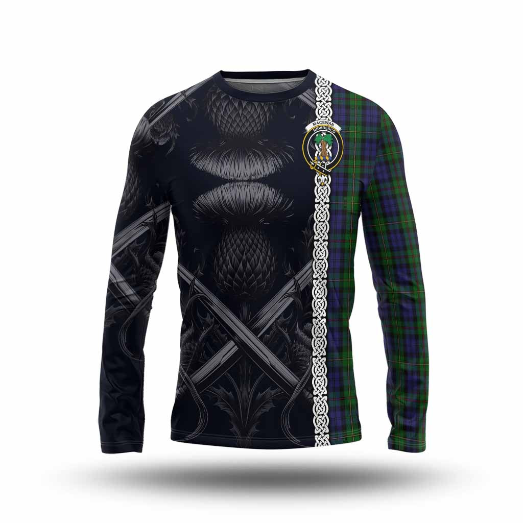 Tartan Vibes Clothing MacEwan (MacEwen) Tartan Long Sleeve T-Shirt with Family Crest Cross Sword Thistle Celtic Vibes