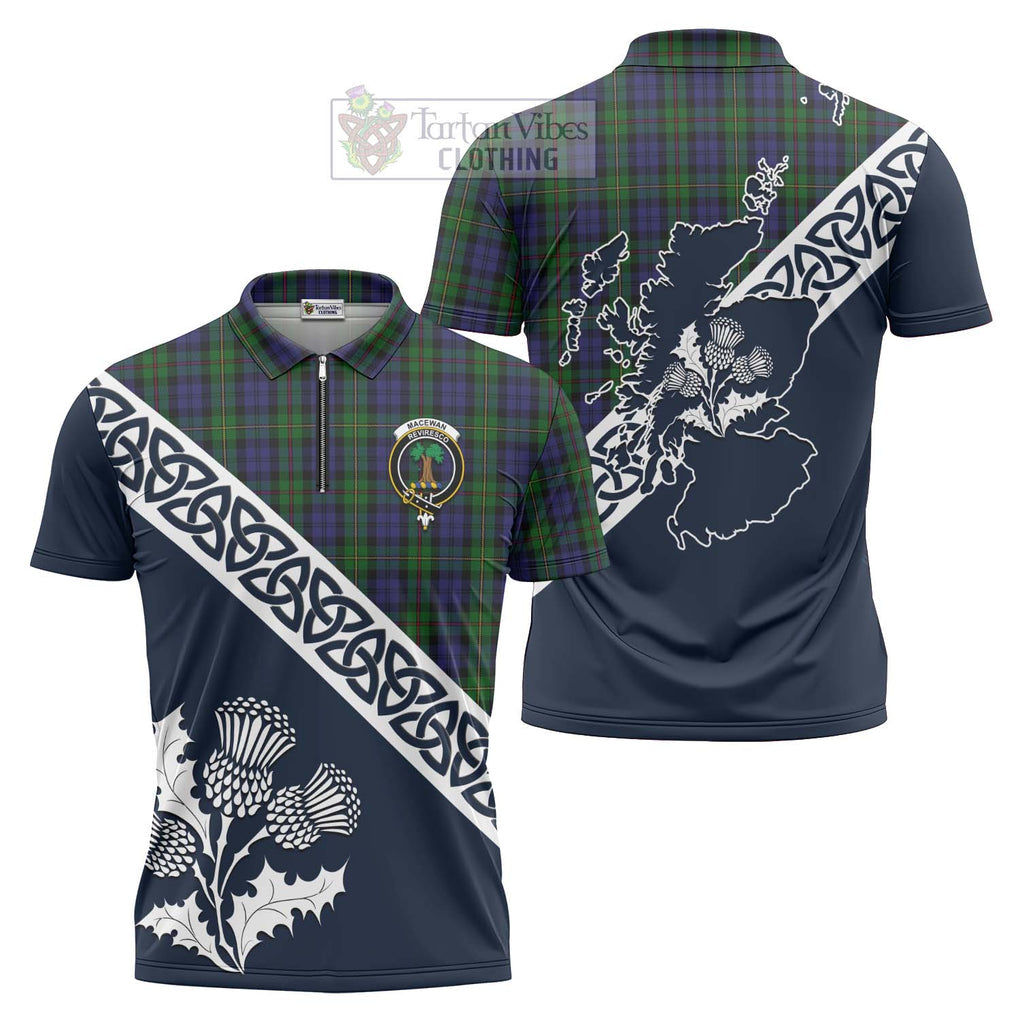 Tartan Vibes Clothing MacEwan (MacEwen) Tartan Zipper Polo Shirt Featuring Thistle and Scotland Map