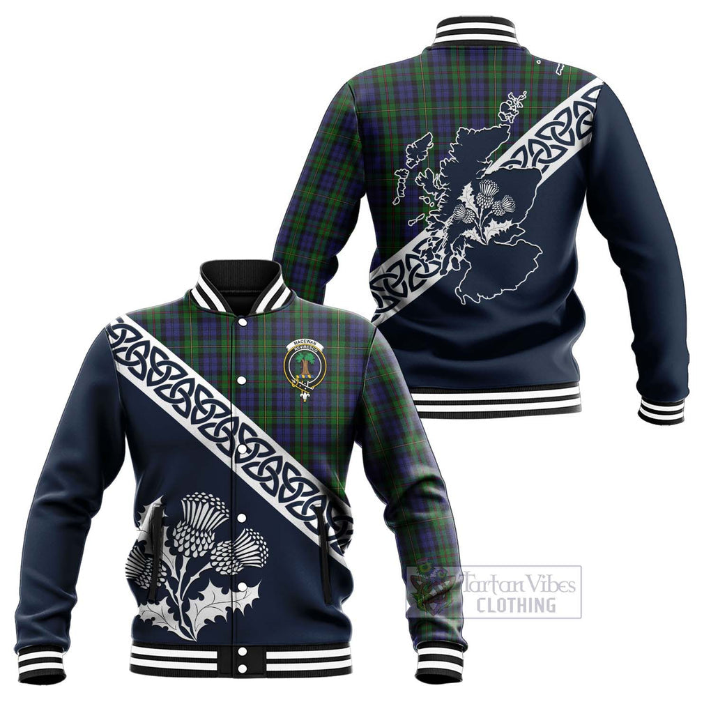 Tartan Vibes Clothing MacEwan (MacEwen) Tartan Baseball Jacket Featuring Thistle and Scotland Map