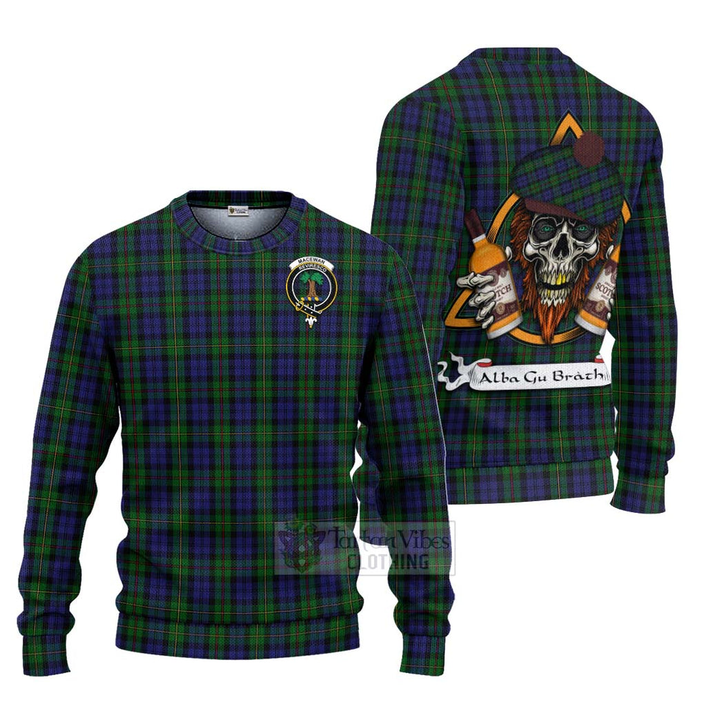 Tartan Vibes Clothing MacEwan (MacEwen) Tartan Knitted Sweater with Family Crest and Bearded Skull Holding Bottles of Whiskey