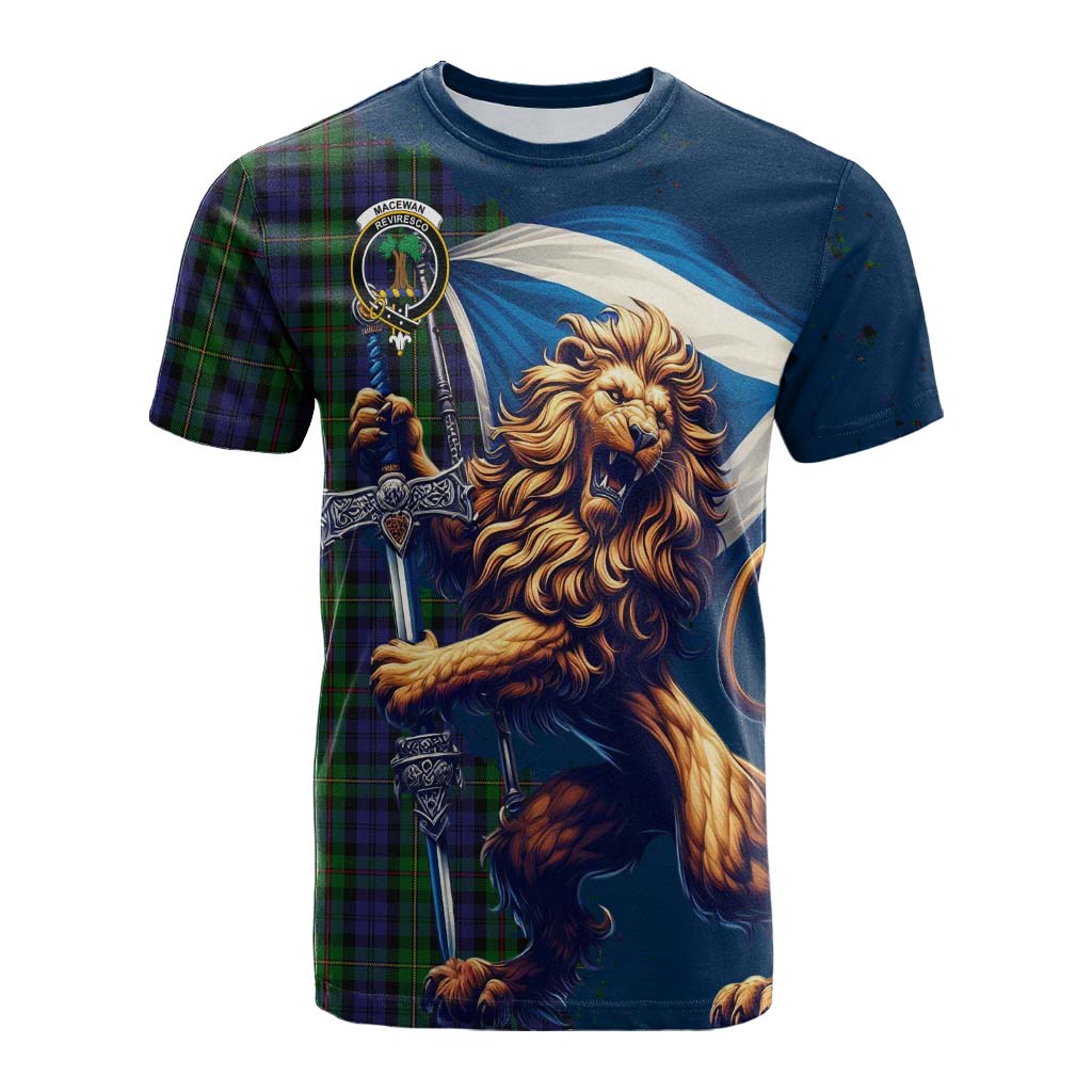 Tartan Vibes Clothing MacEwan (MacEwen) Tartan Family Crest Cotton T-shirt with Scottish Majestic Lion