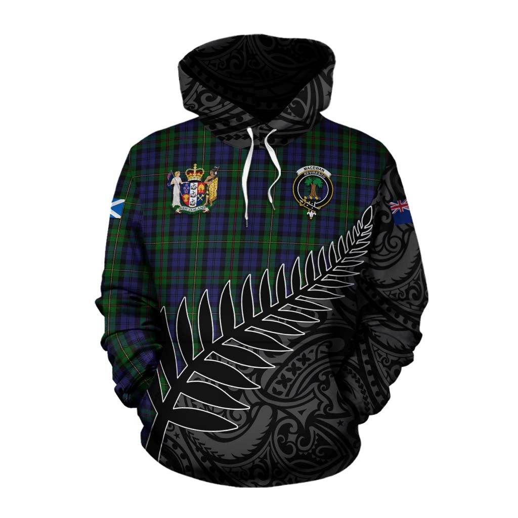 Tartan Vibes Clothing MacEwan (MacEwen) Crest Tartan Cotton Hoodie with New Zealand Silver Fern Half Style