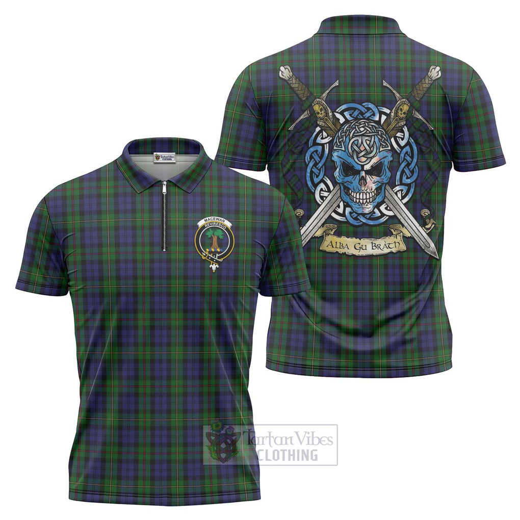 Tartan Vibes Clothing MacEwan (MacEwen) Tartan Zipper Polo Shirt with Family Crest Celtic Skull Style