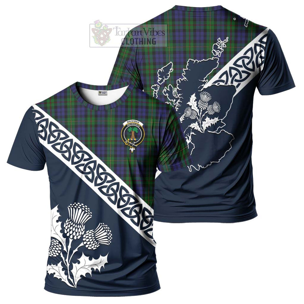 MacEwan (MacEwen) Tartan T-Shirt Featuring Thistle and Scotland Map