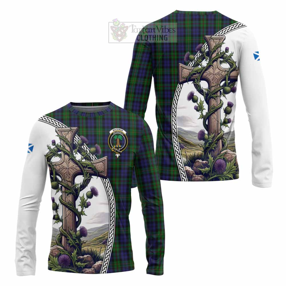 Tartan Vibes Clothing MacEwan (MacEwen) Tartan Long Sleeve T-Shirt with Family Crest and St. Andrew's Cross Accented by Thistle Vines