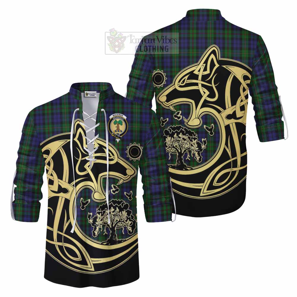 Tartan Vibes Clothing MacEwan (MacEwen) Tartan Ghillie Kilt Shirt with Family Crest Celtic Wolf Style