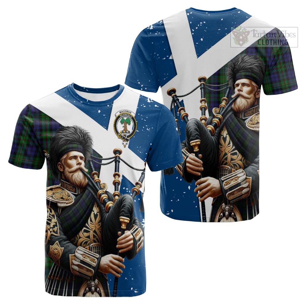 Tartan Vibes Clothing MacEwan (MacEwen) Tartan Cotton T-shirt with Family Crest Scottish Bagpiper Vibes