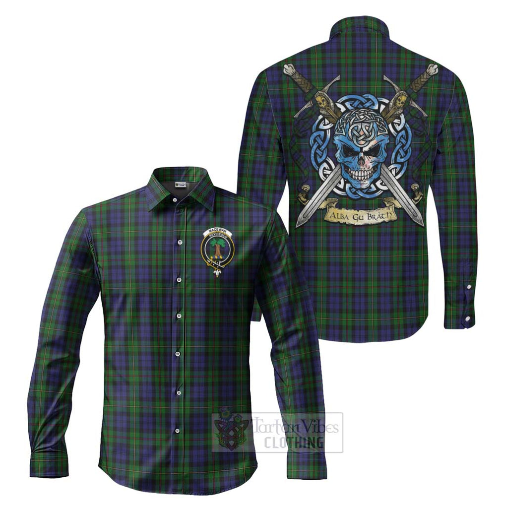 Tartan Vibes Clothing MacEwan (MacEwen) Tartan Long Sleeve Button Shirt with Family Crest Celtic Skull Style