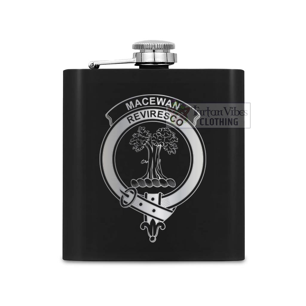 Tartan Vibes Clothing MacEwan (MacEwen) Crest Hip Flask Set 7oz Black Stainless Steel with A Gift Box