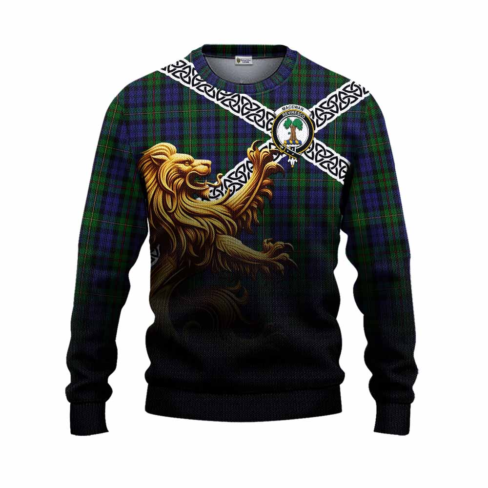 MacEwan (MacEwen) Crest Tartan Knitted Sweater with Golden Lion Emblem Celtic Style Unisex - Tartan Vibes Clothing