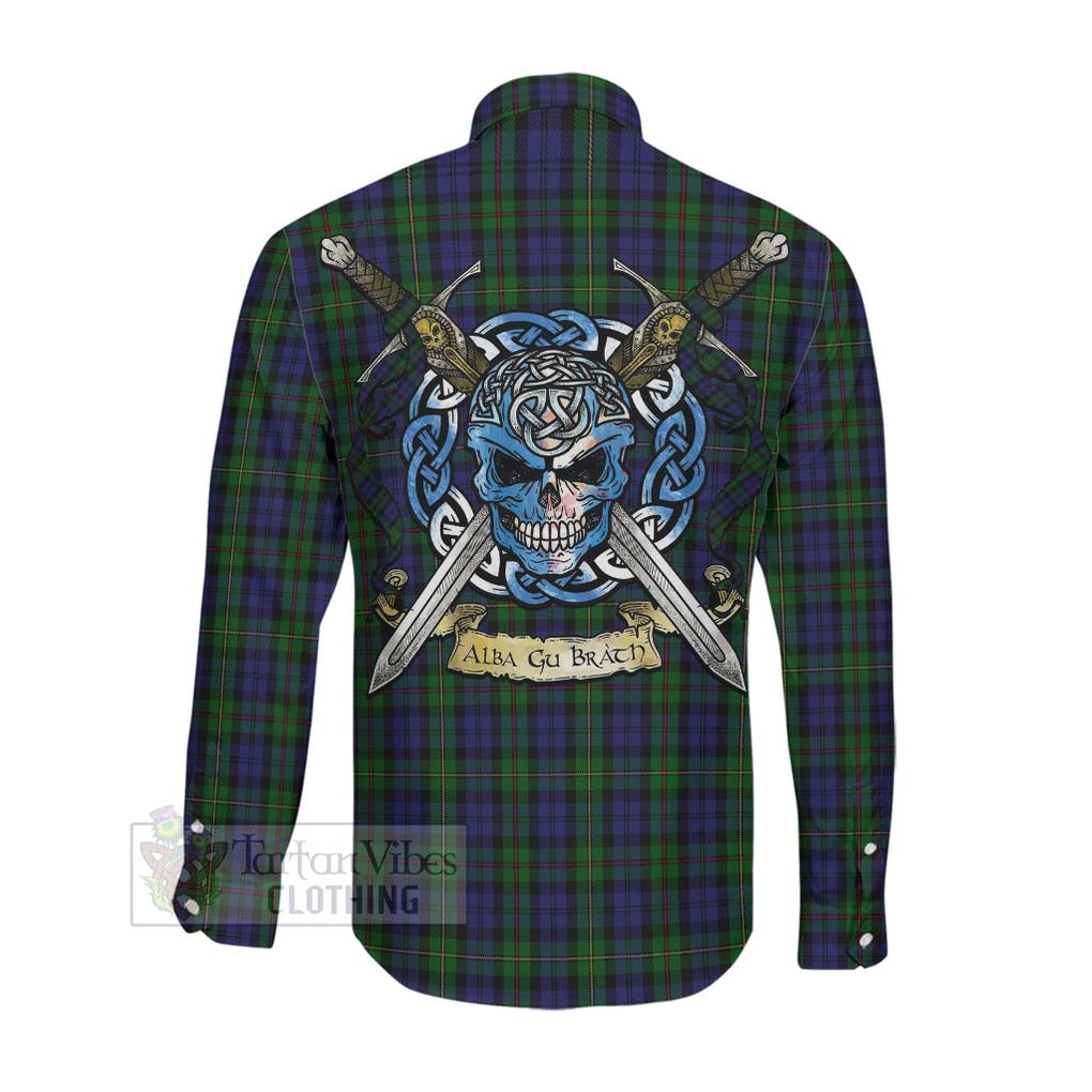 Tartan Vibes Clothing MacEwan (MacEwen) Tartan Long Sleeve Button Shirt with Family Crest Celtic Skull Style