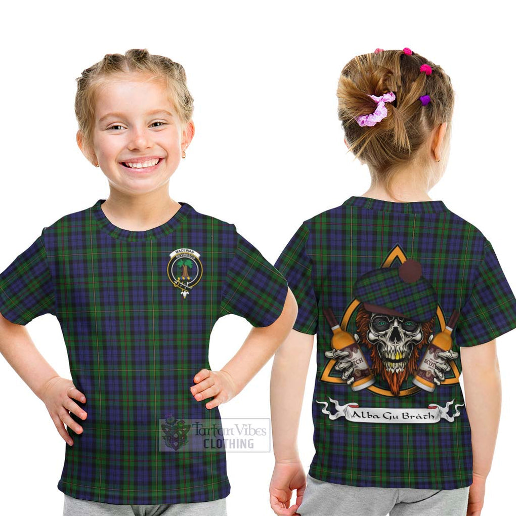 Tartan Vibes Clothing MacEwan (MacEwen) Tartan Kid T-Shirt with Family Crest and Bearded Skull Holding Bottles of Whiskey