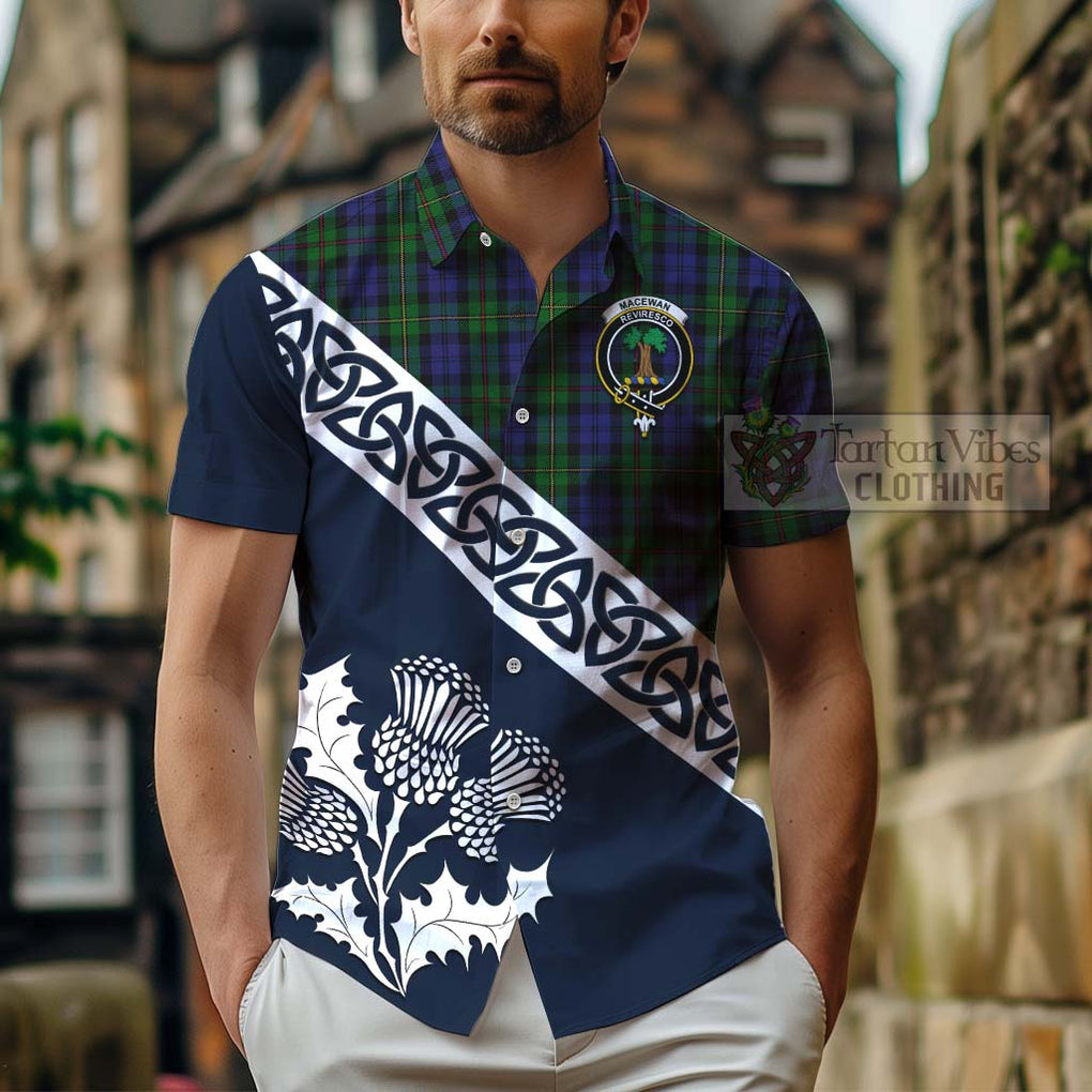 Tartan Vibes Clothing MacEwan (MacEwen) Tartan Short Sleeve Button Shirt Featuring Thistle and Scotland Map