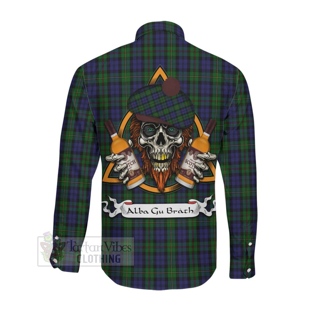 Tartan Vibes Clothing MacEwan (MacEwen) Tartan Long Sleeve Button Shirt with Family Crest and Bearded Skull Holding Bottles of Whiskey