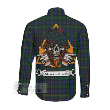 MacEwan (MacEwen) Tartan Long Sleeve Button Shirt with Family Crest and Bearded Skull Holding Bottles of Whiskey