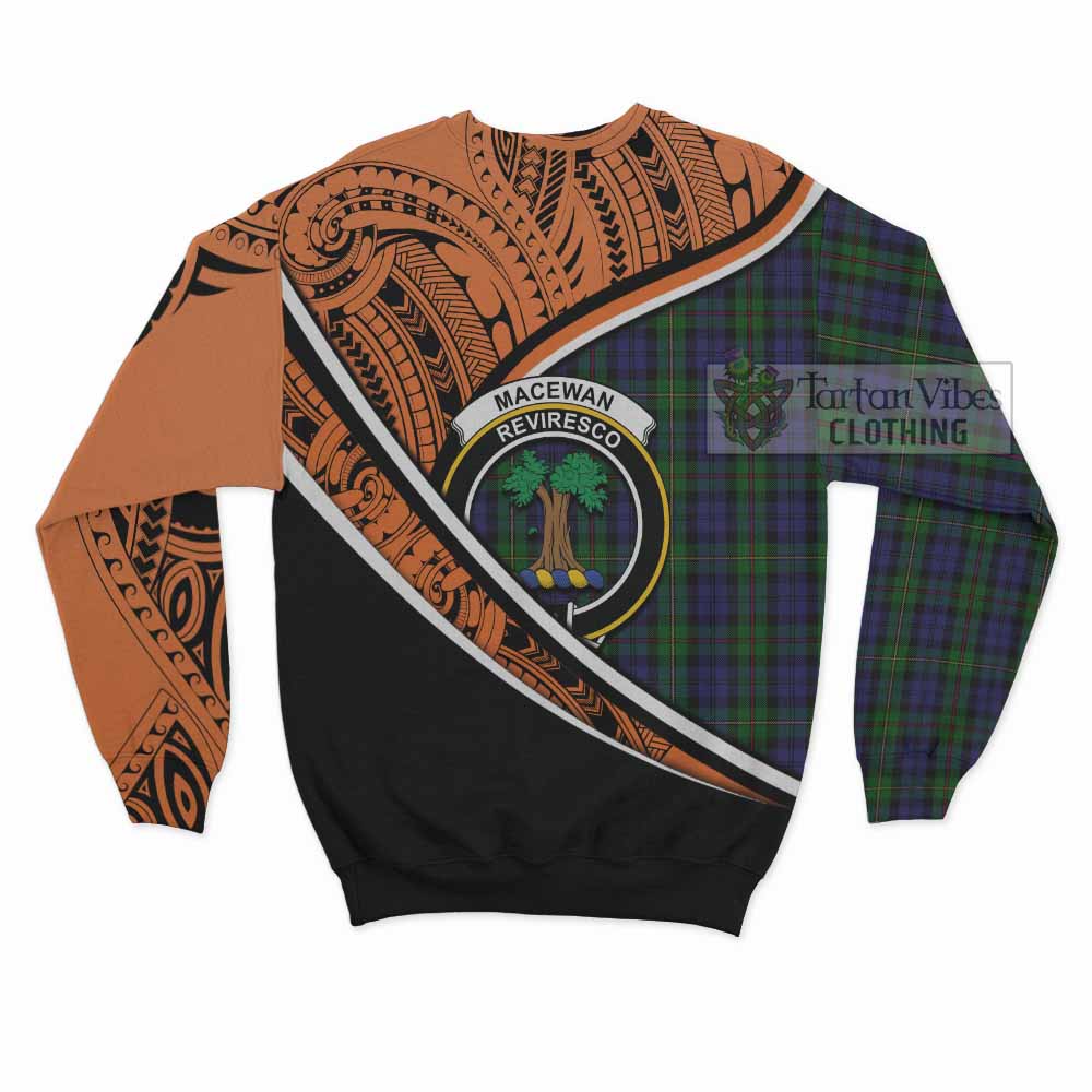 Tartan Vibes Clothing MacEwan (MacEwen) Crest Tartan Sweatshirt with Maori Tattoo Style - Orange Version