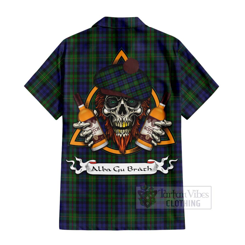 Tartan Vibes Clothing MacEwan (MacEwen) Tartan Short Sleeve Button Shirt with Family Crest and Bearded Skull Holding Bottles of Whiskey