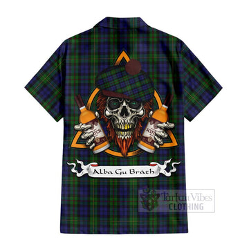 MacEwan (MacEwen) Tartan Short Sleeve Button Shirt with Family Crest and Bearded Skull Holding Bottles of Whiskey