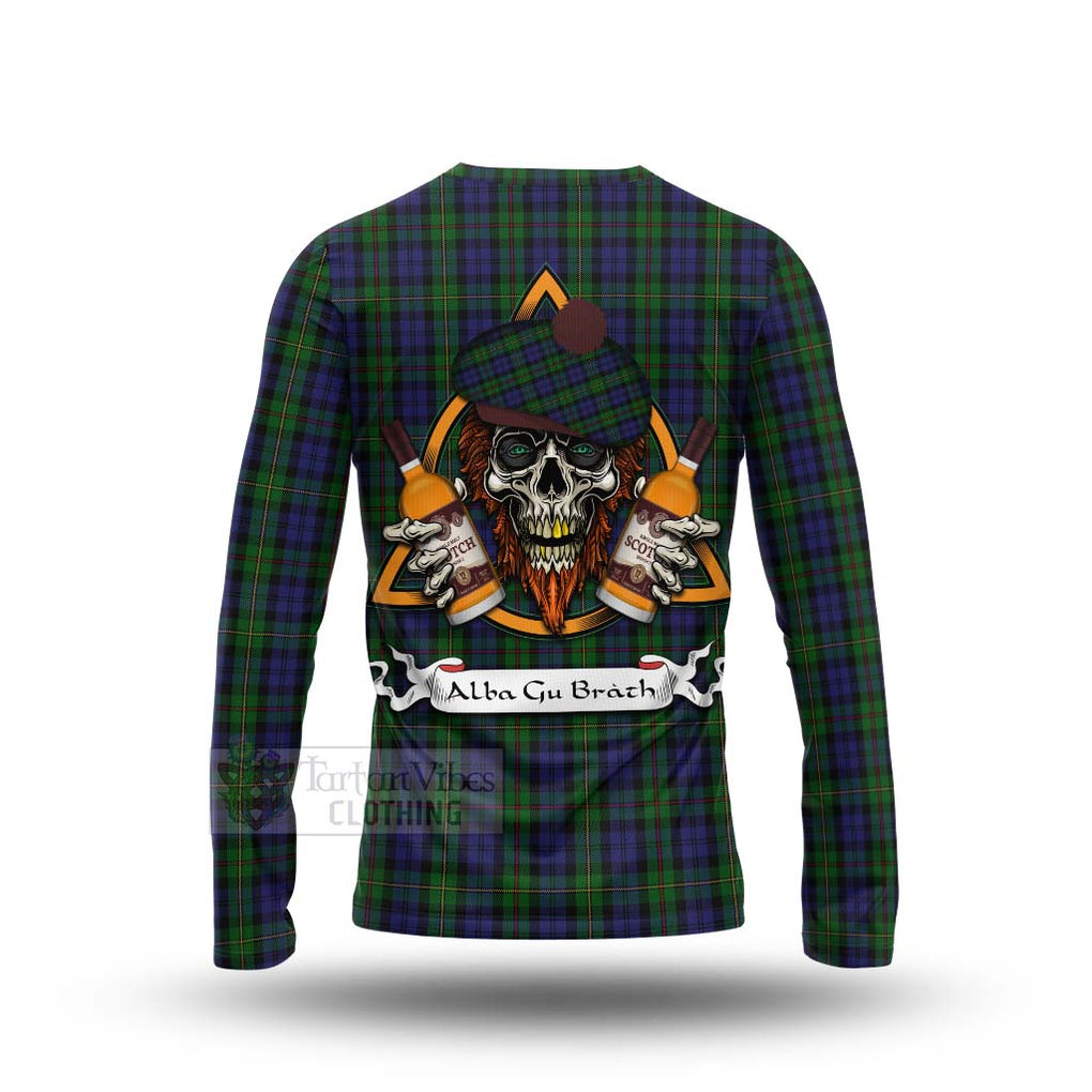 Tartan Vibes Clothing MacEwan (MacEwen) Tartan Long Sleeve T-Shirt with Family Crest and Bearded Skull Holding Bottles of Whiskey