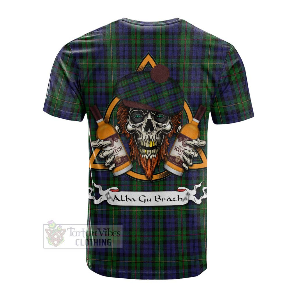 Tartan Vibes Clothing MacEwan (MacEwen) Tartan Cotton T-shirt with Family Crest and Bearded Skull Holding Bottles of Whiskey