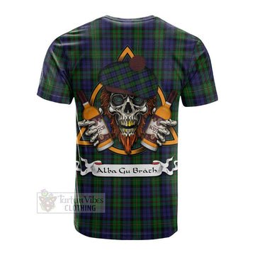 MacEwan (MacEwen) Tartan Cotton T-shirt with Family Crest and Bearded Skull Holding Bottles of Whiskey