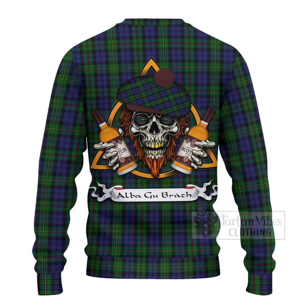 Tartan Vibes Clothing MacEwan (MacEwen) Tartan Knitted Sweater with Family Crest and Bearded Skull Holding Bottles of Whiskey