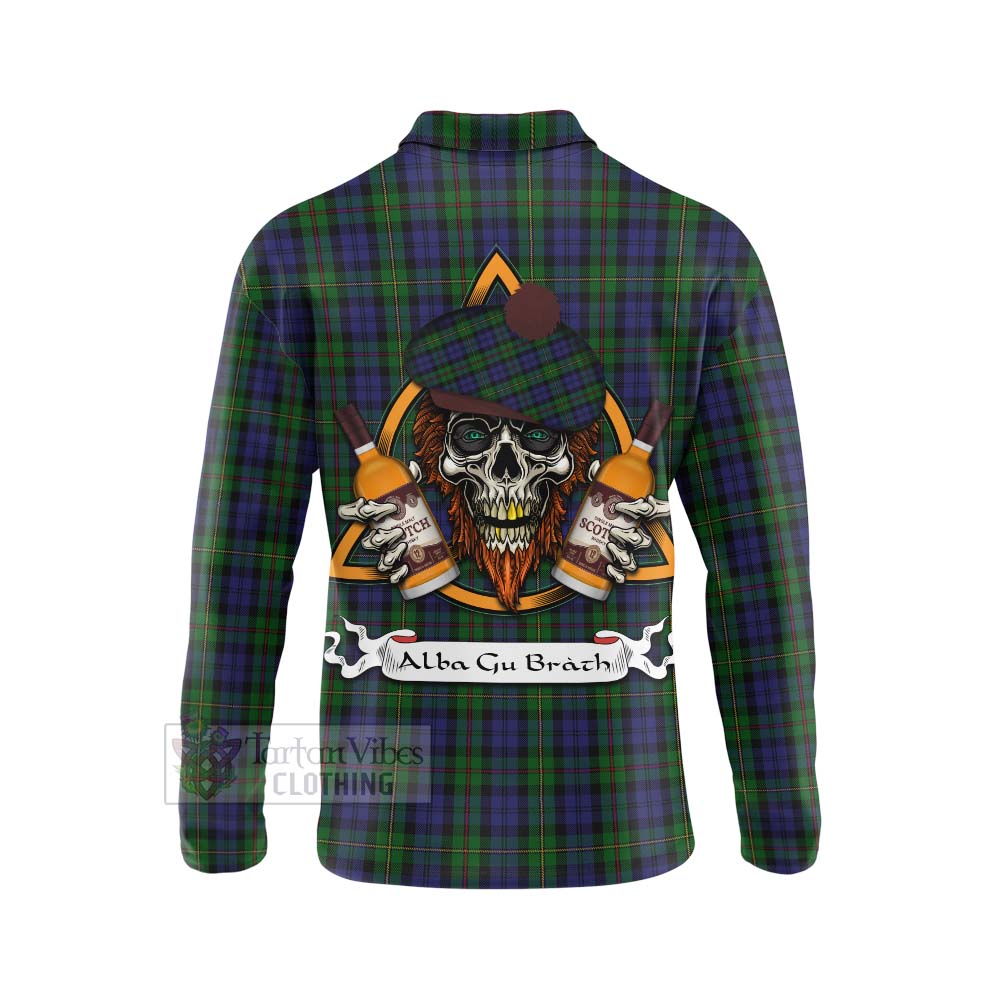 Tartan Vibes Clothing MacEwan (MacEwen) Tartan Long Sleeve Polo Shirt with Family Crest and Bearded Skull Holding Bottles of Whiskey