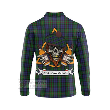 MacEwan (MacEwen) Tartan Long Sleeve Polo Shirt with Family Crest and Bearded Skull Holding Bottles of Whiskey