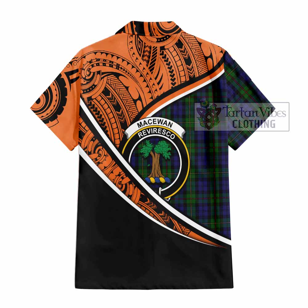 Tartan Vibes Clothing MacEwan (MacEwen) Crest Tartan Short Sleeve Button Shirt with Maori Tattoo Style - Orange Version