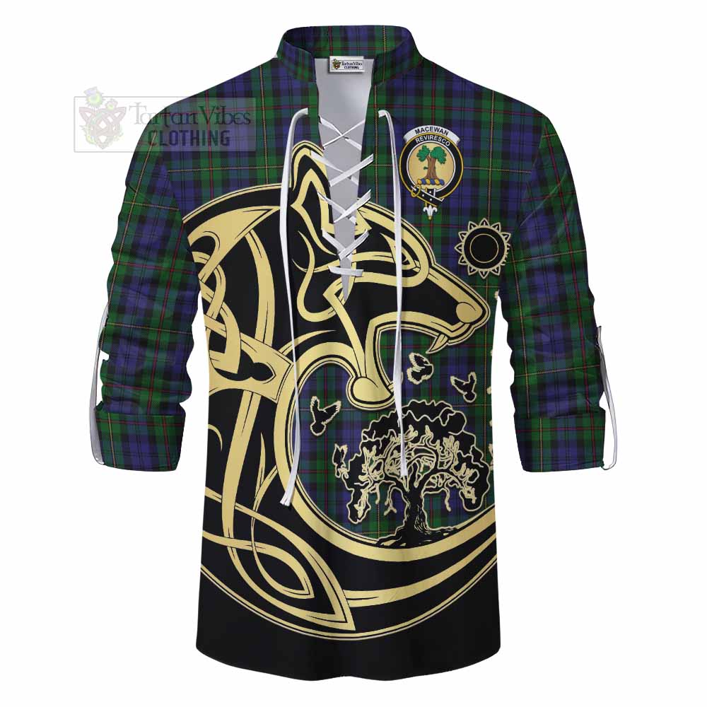 Tartan Vibes Clothing MacEwan (MacEwen) Tartan Ghillie Kilt Shirt with Family Crest Celtic Wolf Style