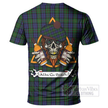 MacEwan (MacEwen) Tartan T-Shirt with Family Crest and Bearded Skull Holding Bottles of Whiskey