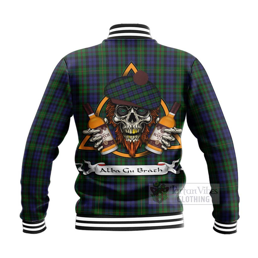 Tartan Vibes Clothing MacEwan (MacEwen) Tartan Baseball Jacket with Family Crest and Bearded Skull Holding Bottles of Whiskey