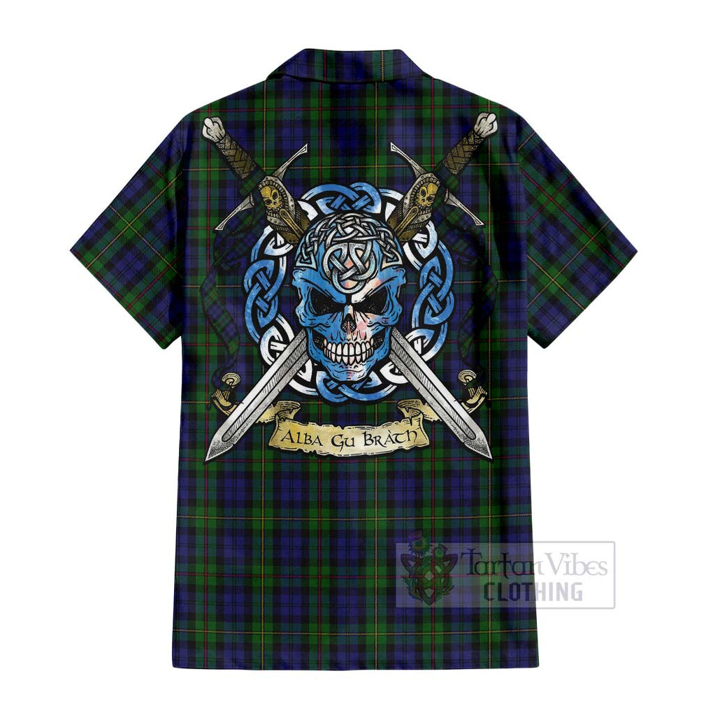 Tartan Vibes Clothing MacEwan (MacEwen) Tartan Short Sleeve Button Shirt with Family Crest Celtic Skull Style