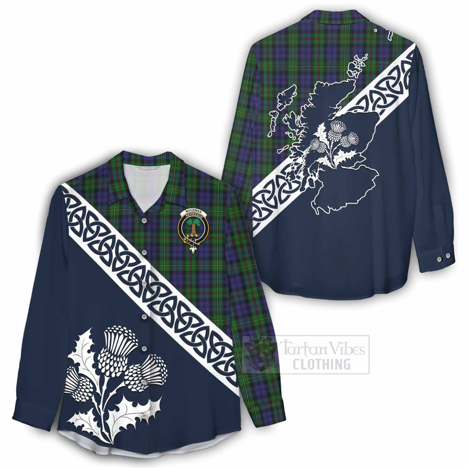 Tartan Vibes Clothing MacEwan (MacEwen) Tartan Women's Casual Shirt Featuring Thistle and Scotland Map