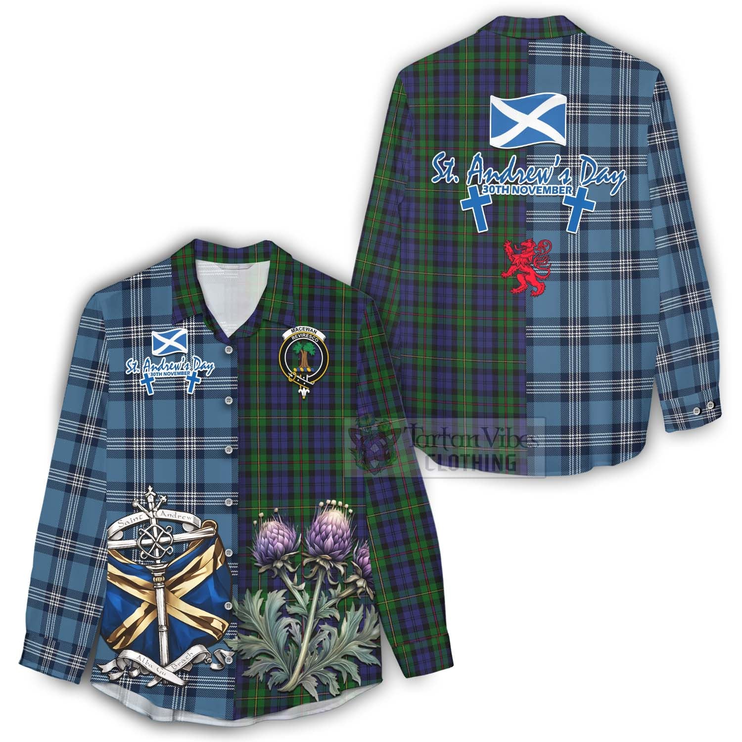 Tartan Vibes Clothing MacEwan (MacEwen) Tartan Women's Casual Shirt Happy St. Andrew's Day Half Tartan Style