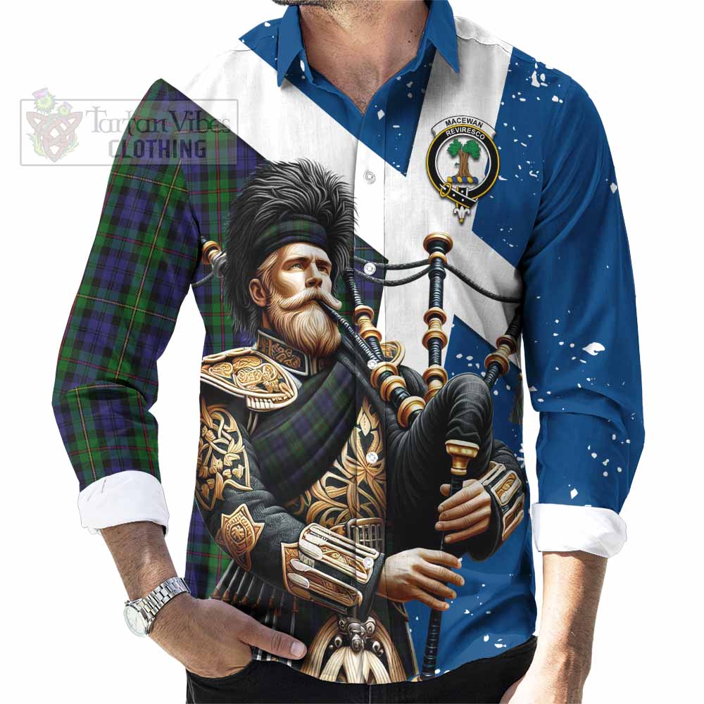 Tartan Vibes Clothing MacEwan (MacEwen) Tartan Long Sleeve Button Shirt with Family Crest Scottish Bagpiper Vibes